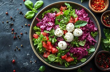 A colorful salad with mozzarella cheese balls tomatoes purple cabbage and fresh basil leaves in a brown bowl on a dark table with scattered spices and herbs