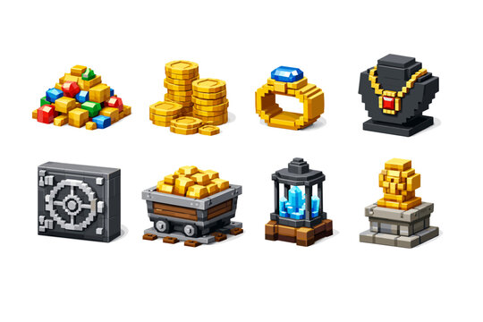 Collection of pixel-art game treasure icons featuring gold coins, gemstone ring, jeweled necklace, safe, mine cart, glowing lantern, and gold stack