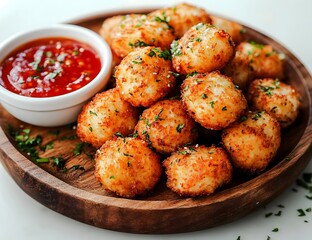 A wooden plate filled with crispy fried food and a small bowl of red sauce on a white surface