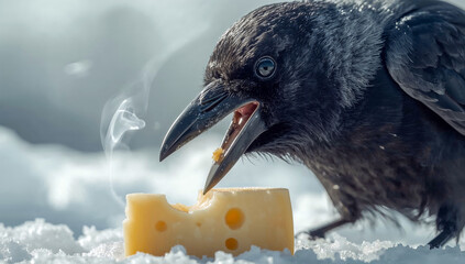 Naklejka premium Black raven pecking a piece of cheese on snow close-up.