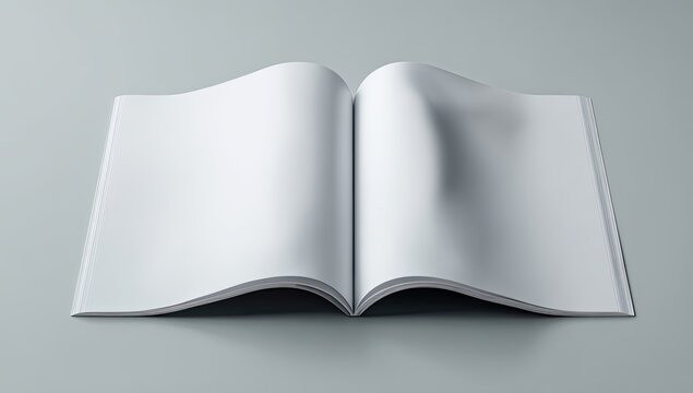 Opened, blank, centerfold magazine on grey surface; bright