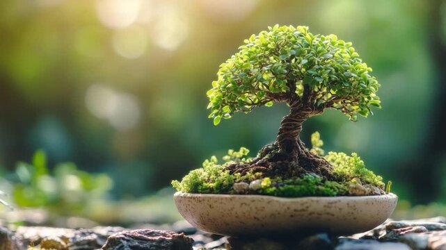 A miniature bonsai tree with verdant leaves, displayed in a rounded pot, with a blurred natural background
