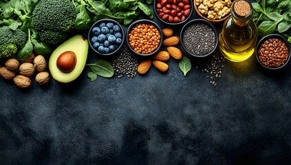 An assortment of healthy foods including fruits vegetables nuts seeds and oils arranged on a dark surface