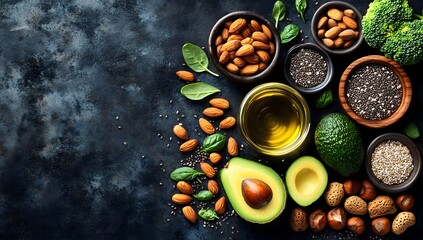 A selection of healthy foods including nuts seeds avocados and vegetables arranged on a dark background