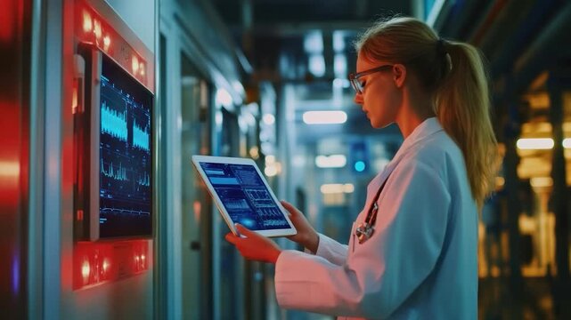 A person in a lab coat looks at tablet with graphs near a screen in a cool-toned hallway