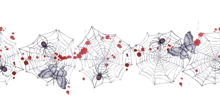 Seamless horizontal web pattern with spiders, moths and drops of blood. It is painted in watercolor for printing and decoration for Halloween.