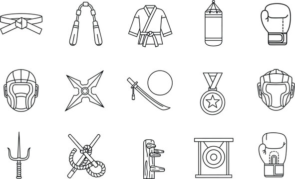 Black and white line icons collection representing martial arts gear and training equipment