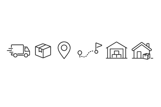 Minimal line icon set illustrating delivery logistics workflow with truck, package, location pin, route path, warehouse, and home drop-off