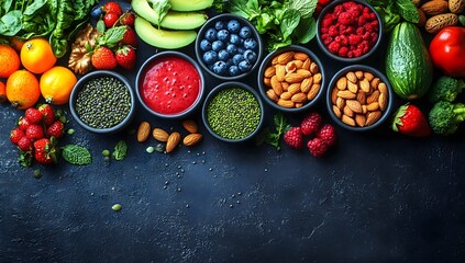 A vibrant arrangement of fresh fruits and vegetables with bowls of nuts and seeds on a dark surface for a healthy eating display