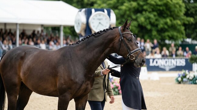 Brown horse being presented by handler at equestrian competition  