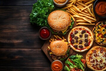 A delicious assortment of fast food including burgers, pizzas, fries, and condiments arranged on a wooden board and table