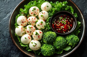 A plate of boiled eggs on a bed of lettuce with broccoli and a small bowl of sauce