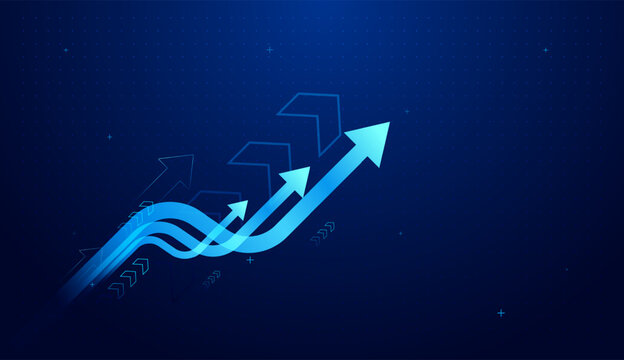 The smooth arrows curve highlights of finance moving up through change and still increasing. Financial graph with uptrend line and arrows on blue color background
