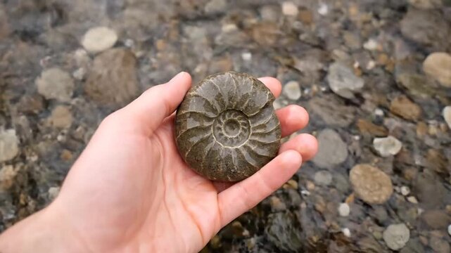 Hand holding fossilized ammonite shell outdoors.