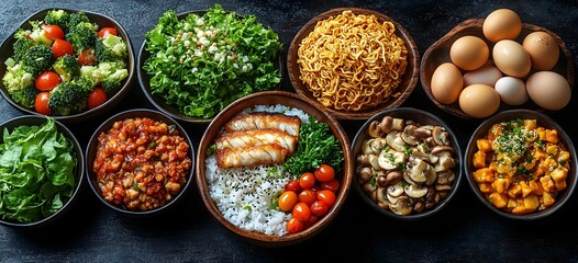 A variety of healthy food bowls arranged on a dark surface including vegetables eggs and proteins for a nutritious meal