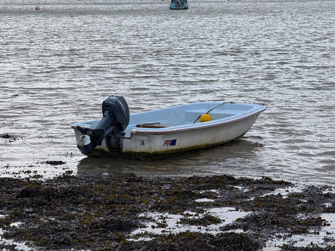 Close-up of motor boat at sea shore at Perran Cove on a winter day. Photo taken February 3rd, 2026, Perran Cove, United Kingdom.