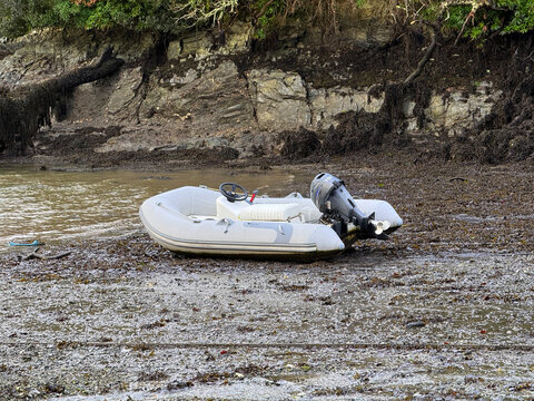 Close-up of motor boat at sea shore at Perran Cove on a winter day. Photo taken February 3rd, 2026, Perran Cove, United Kingdom.