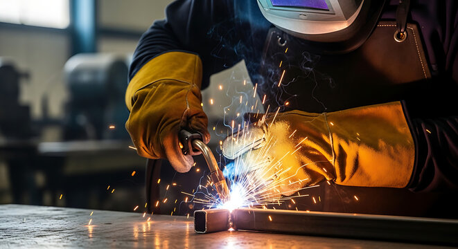 Professional welder fabricating steel frame with sparks and protective mask in modern workshop, close up hands, shallow depth, gritty metal textures