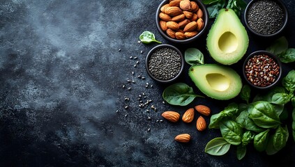 A selection of healthy foods including avocado halves and bowls of almonds chia seeds and quinoa surrounded by fresh basil leaves on a dark textured surface