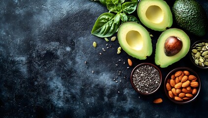 A selection of healthy foods including avocados nuts and seeds arranged on a dark surface