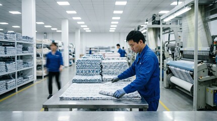 Fototapeta premium Worker folding fabric on table in manufacturing facility 