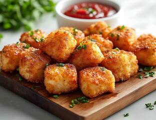 A plate of crispy fried food served on a wooden cutting board with a side of sauce