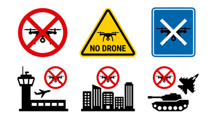 No Drone Flat Icon Set � Aviation Restriction Warning Symbols Vector
