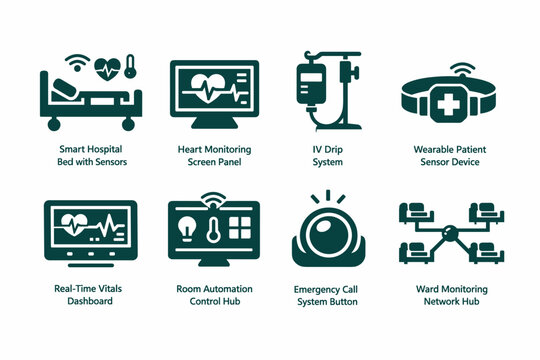 Set of smart hospital technology icons showing sensor bed, heart monitoring screen, IV drip, wearable device, vitals dashboard, automation hub, call button, network