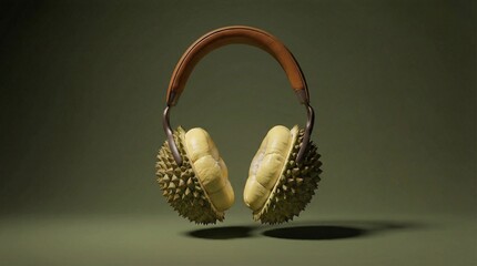 Surreal illustration of high-end over-ear headphones with spiky durian fruit earcups