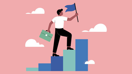 Businessman climbing a bar graph holding a flag, symbolizing career success, goal achievement, professional growth, ambition, and leadership in corporate and business illustration design. © Melissa J. Abrams