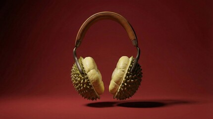 Surreal illustration of high-end over-ear headphones with spiky durian fruit earcups