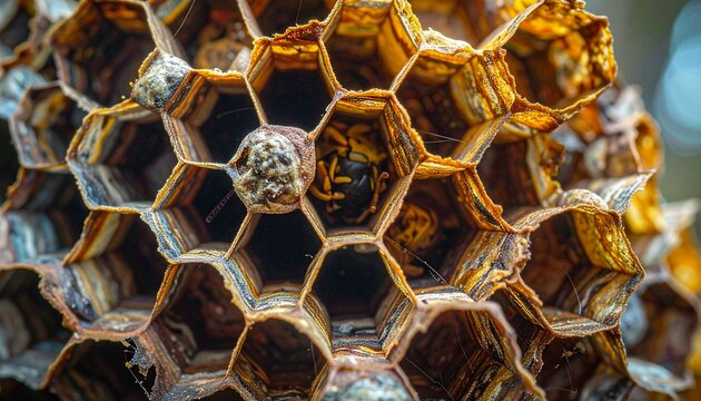 Honeycomb Structure with Bee Closeup.
