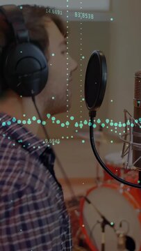 Vertical video: Singer starting, singing, leaning pop filter, teal wave tracking mic for music