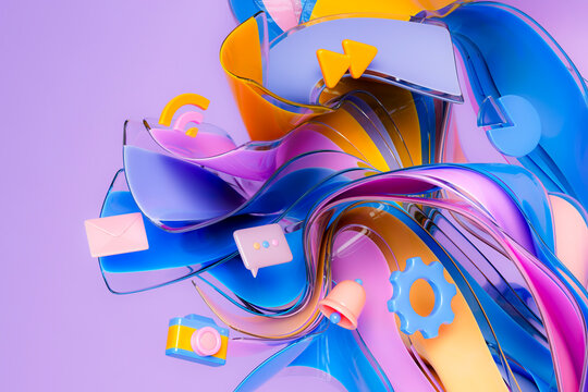 3D mobile interface symbols swirl in glossy motion