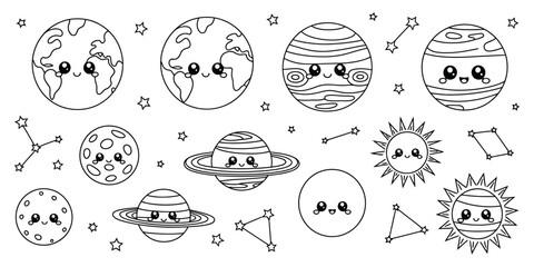 Obraz premium Cartoon solar system illustration featuring smiling planets, Sun and Moon faces, designed as educational space clipart in black and white vector style for astronomy and learning visuals.