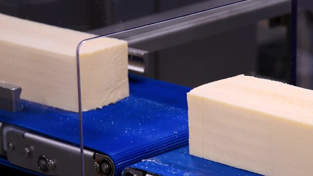 Conveyor belt with pieces of yellow cheese moving on it.