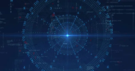 Fotobehang Vlees Showing HUD glowing on navy field, displaying central blue core, rings, radial ticks, code panels  © vectorfusionart