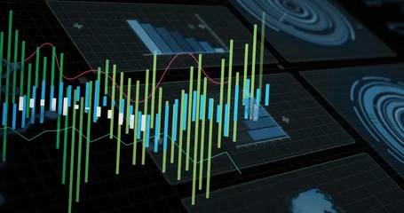 Fotobehang Vlees Floating centered multiseries bars hovering at dark UI, showing candle blocks and red cyan lines  © vectorfusionart