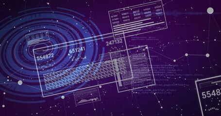 Displaying central holo UI showing glass keyboard panels, numbers, radar rings in cyberspace