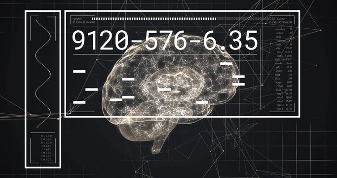 Floating lit 3D brain pulsing with glowing nodes in virtual dashboard, with UI 9120-576-6