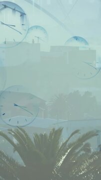 Vertical video: Clocks appearing at edges, drifting and fading over palm, showing time passing