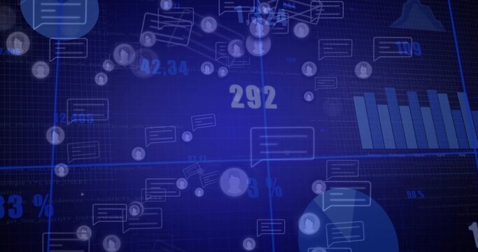 Displaying central data cluster pulsing on virtual dashboard, with chat icons, avatars, 292