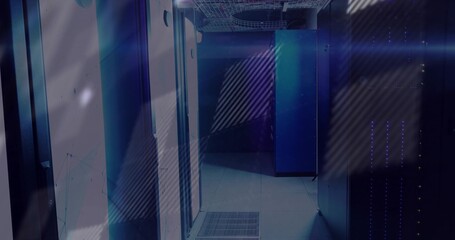 Showing central aisle between server racks leading into data center with LED lights, vent tile © vectorfusionart