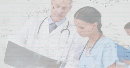Reviewing doctor in coat and nurse in scrubs examining black chart at clinic, lined-paper overlay