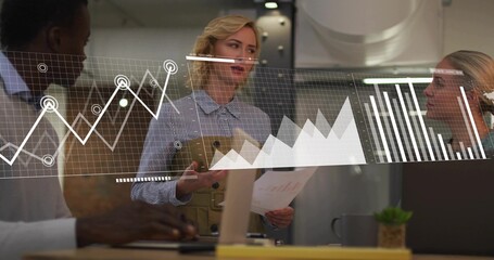 Presenting woman in striped shirt and vest holding documents in meeting with laptops, data charts