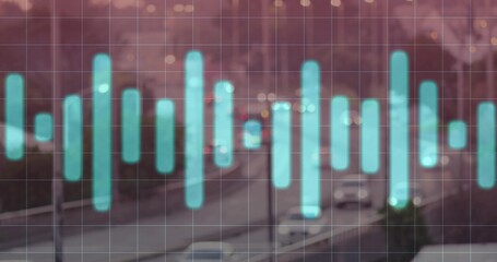 Fototapeta premium Overlaying turquoise waveform with rounded bars pulsing across center over urban roadway dusk, grid