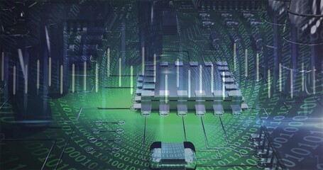 Glowing central metallic integrated circuit sending signals across green PCB, with binary overlay
