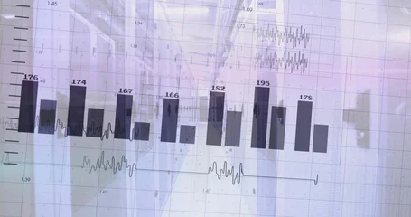 Fotobehang Buffet Displaying digital bar chart and waveform traces overlaying hospital corridor, labeled bars, coats  © vectorfusionart