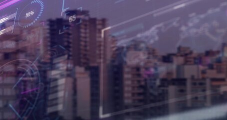 Displaying blurred high-rise buildings through reflective glass at dusk, with 55% circular gauge