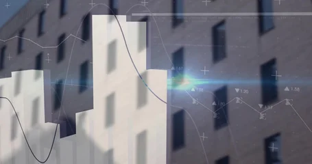 Fotobehang Buffet Showing white 3D bar chart overlaying urban office facade, with blue line graphs, numeric markers  © vectorfusionart